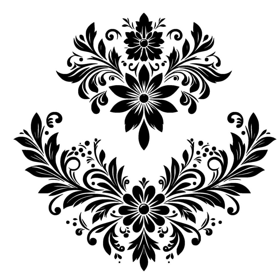 Elegant Black Floral Composed of Two Symmetrical Flourishes, Ideal for Decorative Use. vector