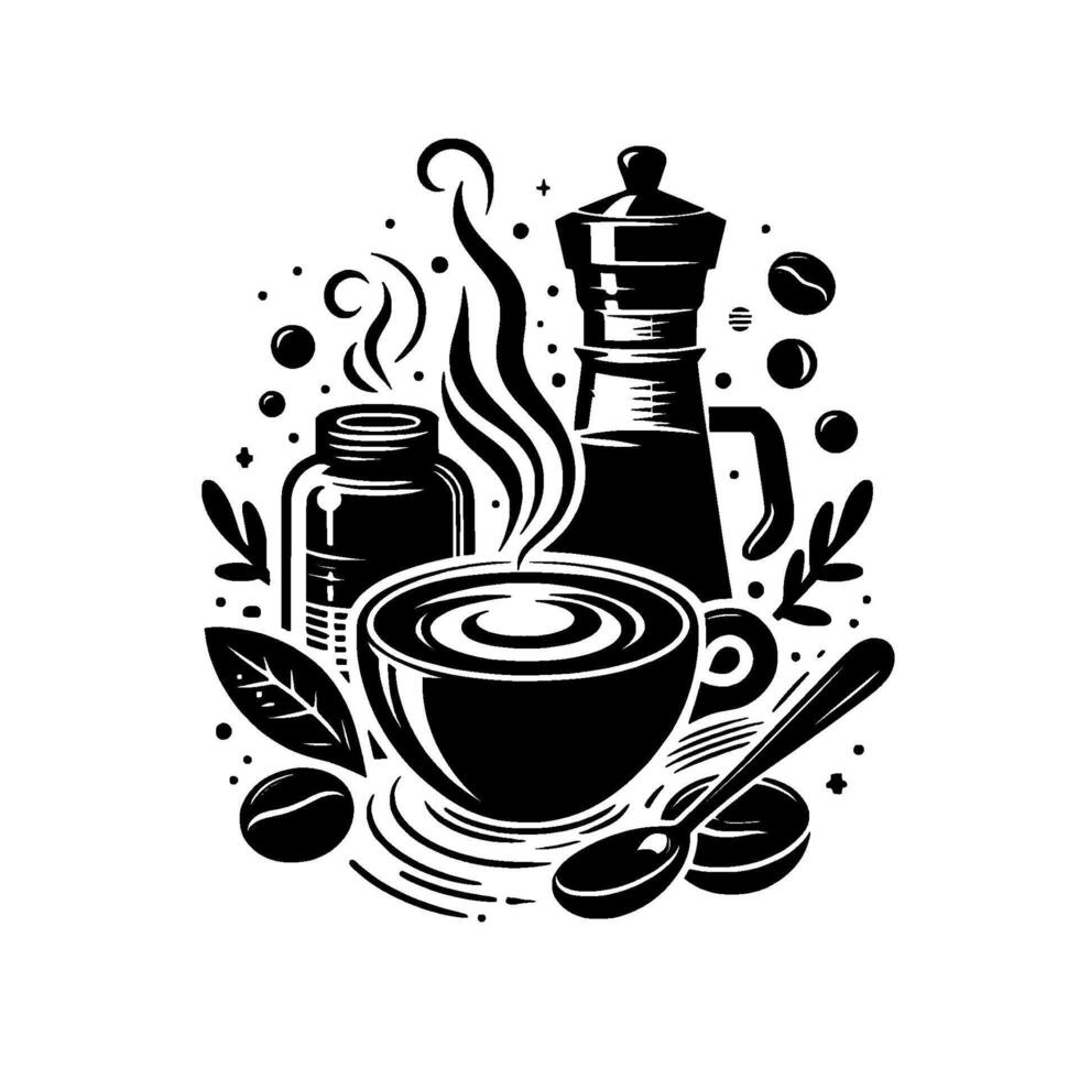 Steaming Coffee Cup and Brewing Apparatus with Decorative Elements in a Monochromatic Composition vector