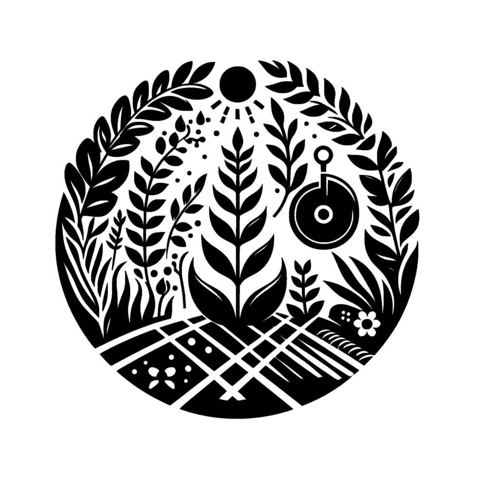 Intricate Black and White Circular Illustration of a Thriving Garden, Featuring Foliage, Sun, and a Circular Instrument. vector