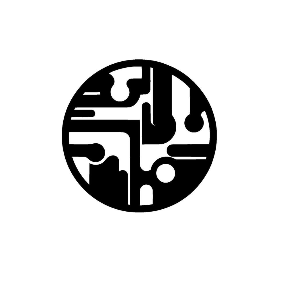 Abstract black and white geometric with curved and straight lines, contained within a circular border, creating a modern, minimalist aesthetic. vector