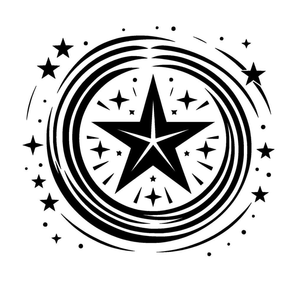 Black and white starburst with a central fivepointed star surrounded by concentric circles and small stars, creating a dynamic and celestial aesthetic. vector