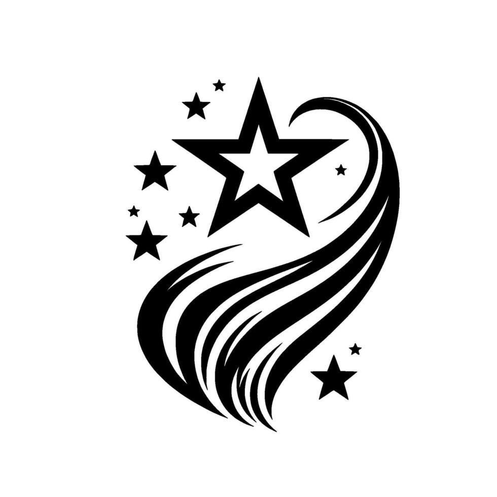 Abstract Black and White Starburst Featuring Several Stars and Swirling, Streamlined Elements Against a White Background. vector