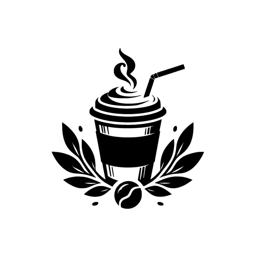 Monochromatic coffee shop with a cup of coffee, coffee bean, leaves, and steam coming out. vector