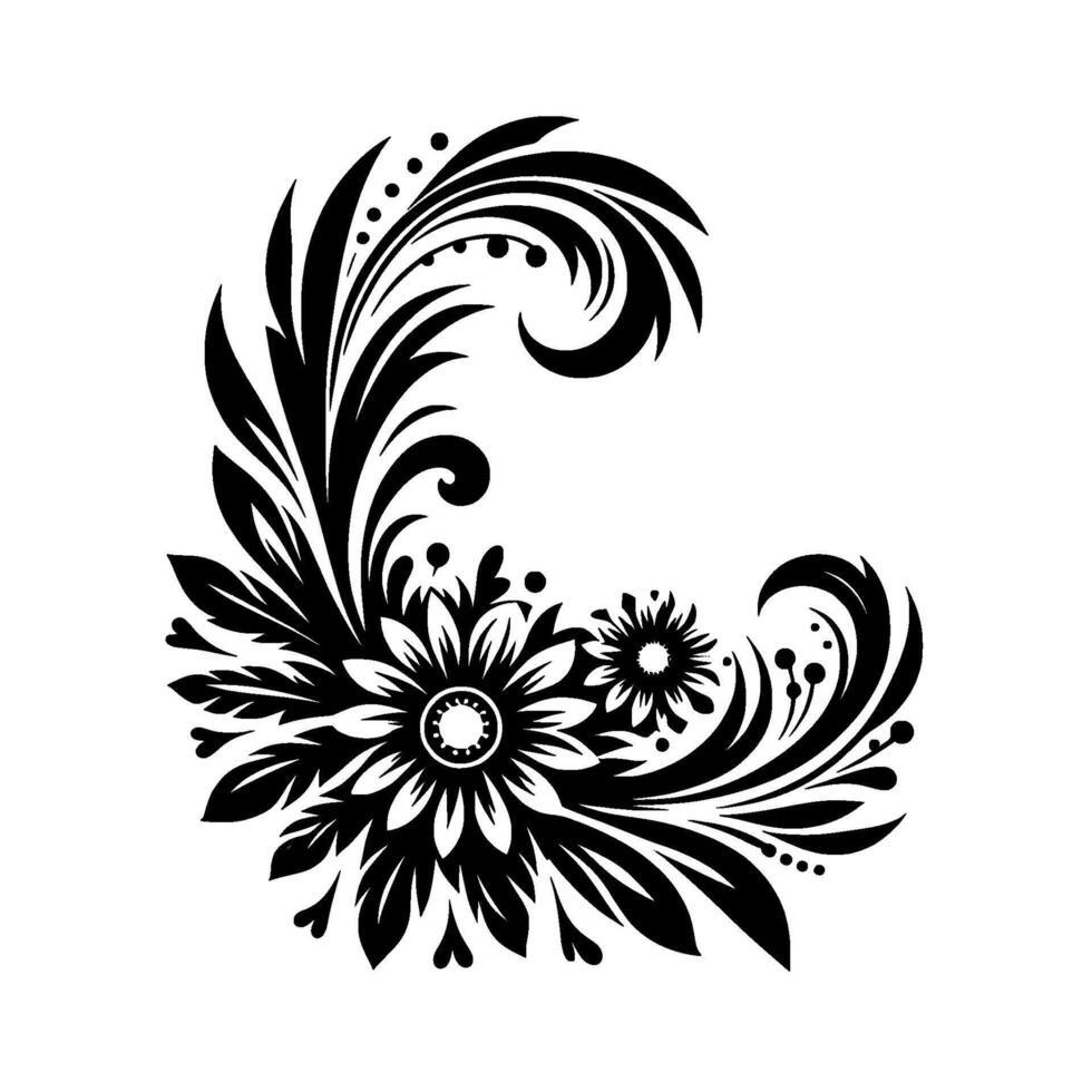 Black and white floral with stylized flowers, leaves, and swirling elements forming an elegant, decorative composition. vector