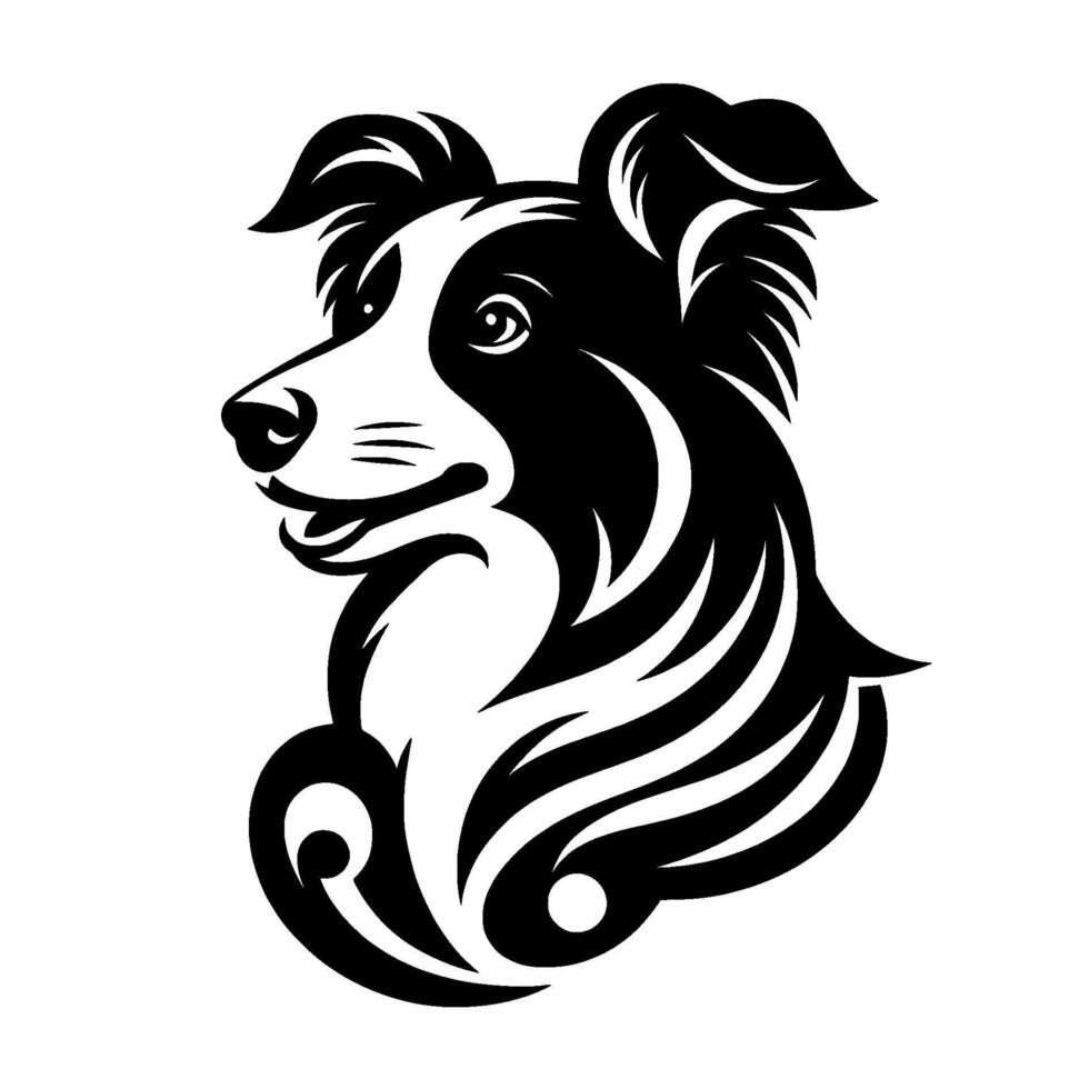 Stylized Black and White Border Collie Portrait with Abstract, Curvilinear Pattern, Isolated on White vector