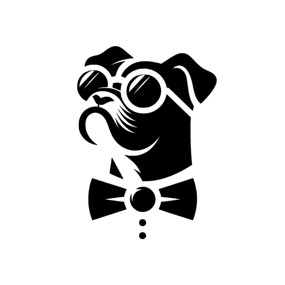 Dapper Black and White Pug Illustration Dog with Goggles, Bowtie, Mustache, and Tailored Silhouette on White Background. vector