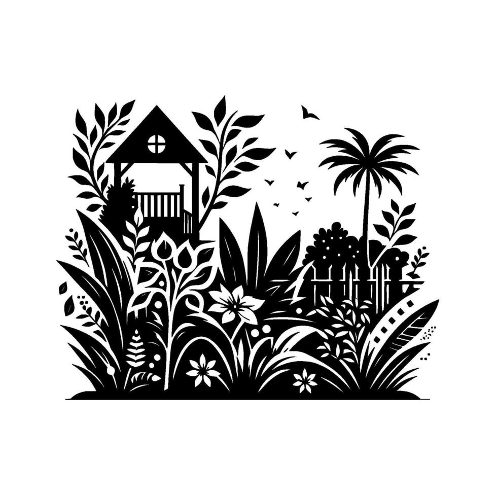 Monochromatic Art of a Serene Garden Scene Gazebo, Palm Tree, Flowers, Fence, and Birds in a Peaceful Landscape. vector