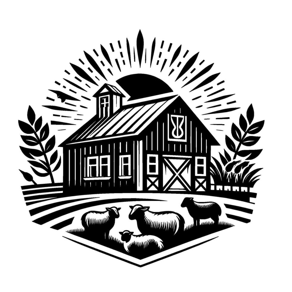 Rustic Farmhouse Silhouette with Sheep Under a Radiating Sun, Art, Black and White. vector