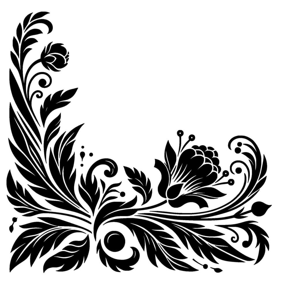 Elegant Floral Corner in Black and White, Featuring Detailed Leaves, Blooms, and Swirls on a Clean White Background. vector