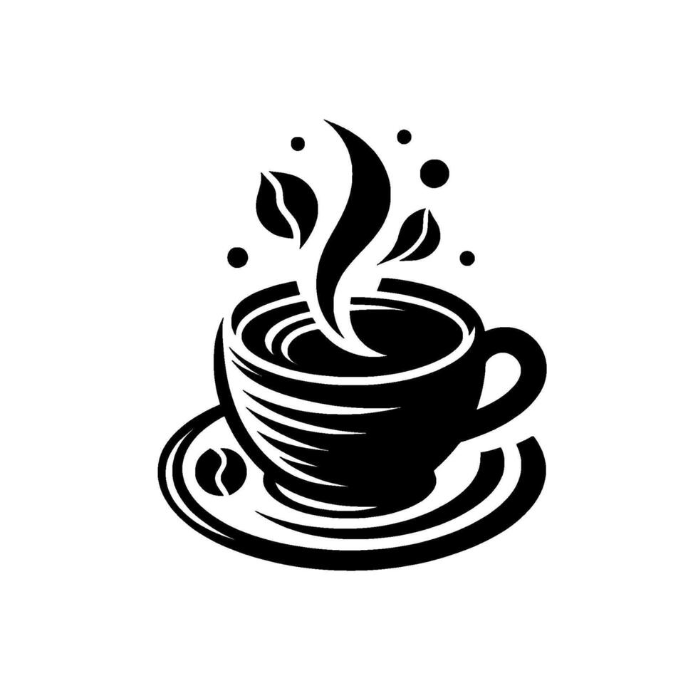 Stylized Monochrome Illustration of Coffee Cup and Saucer with Steam and Coffee Bean Motifs, Simple Black and White . vector