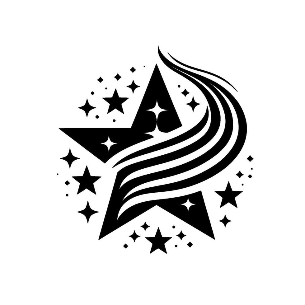 Black Starburst with Flowing Stripes and Surrounding Star Motifs on White Background, Minimalist and Symbolic. vector