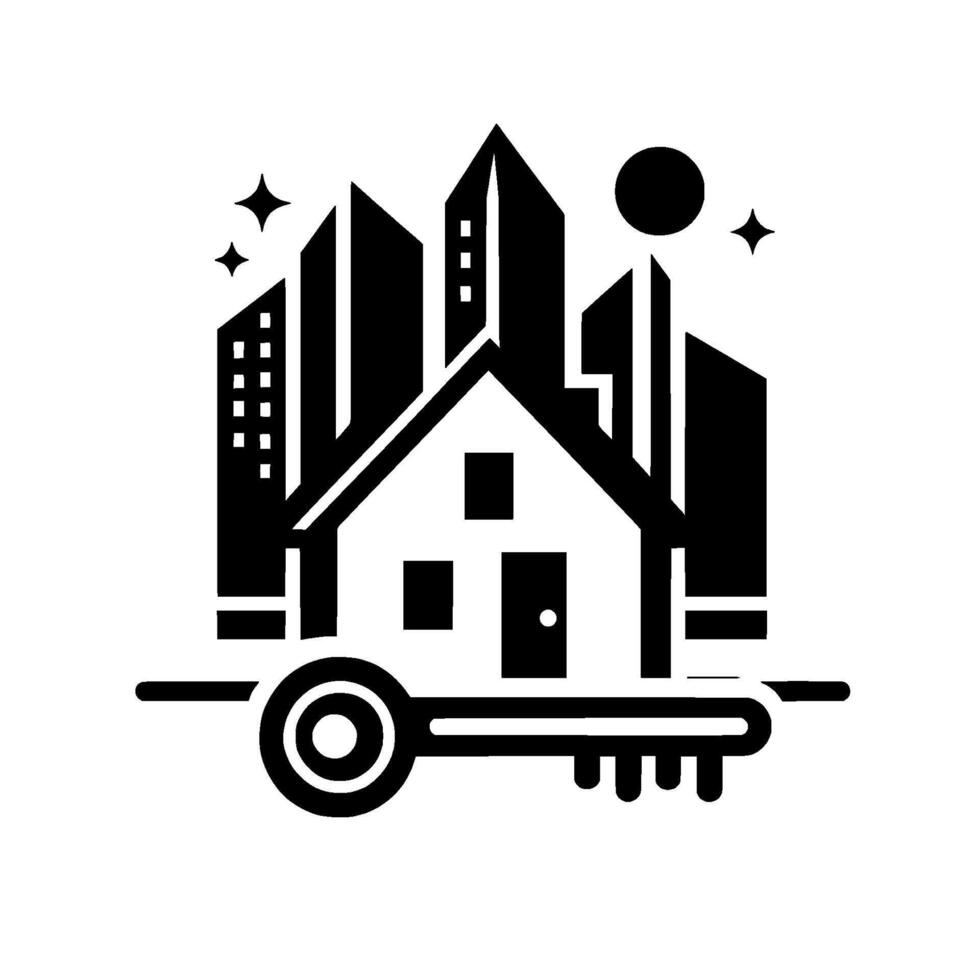 A stylized monochrome real estate featuring a house, city skyline, key, and celestial elements symbolizing property ownership and urban living. vector