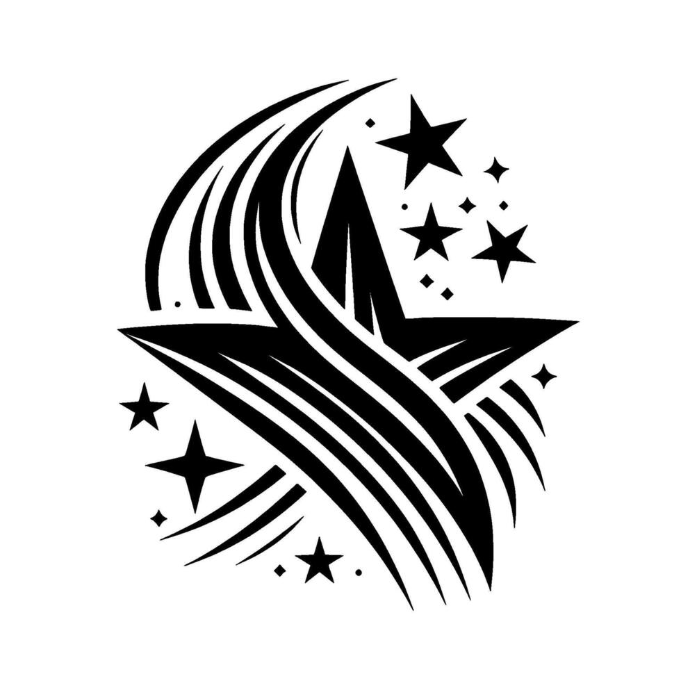 Black and White Starburst , Intertwining Star Shape with Streamlined Curved Lines and Celestial Elements, Modern . vector