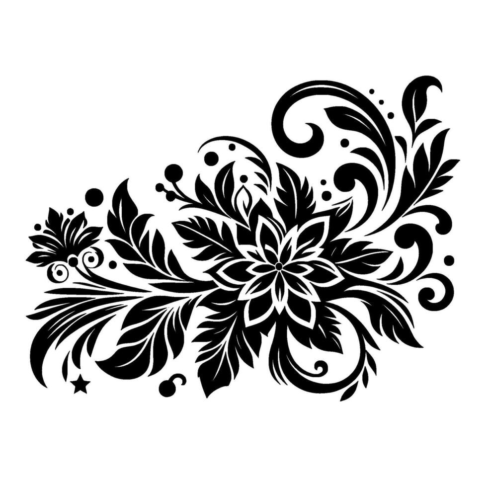 Elegant Black Floral Ornament on White A Detailed Decorative Featuring Swirls, Leaves, and Dots for Artistic Applications. vector