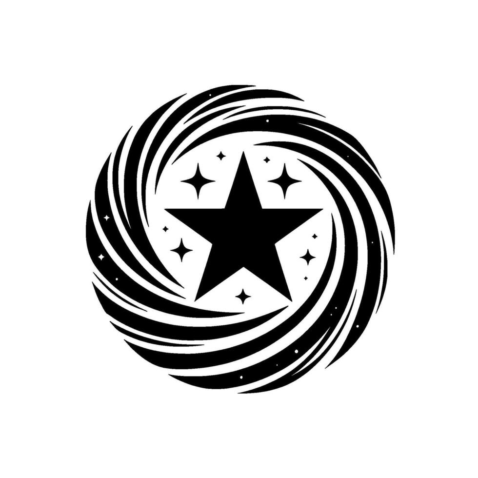 Black star emblem with a radiating vortex of curved lines and scattered starshaped particles, evoking a sense of energy and cosmic wonder. vector