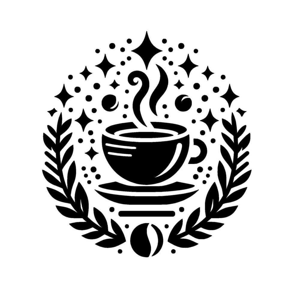 Stylized Black and White Coffee Cup surrounded by decorative floral elements and celestial details, a minimalist . vector