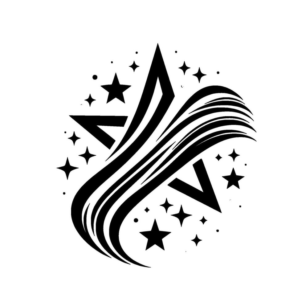 Black and white abstract starburst featuring a fivepointed star, flowing lines, and scattered stars against a white background. vector