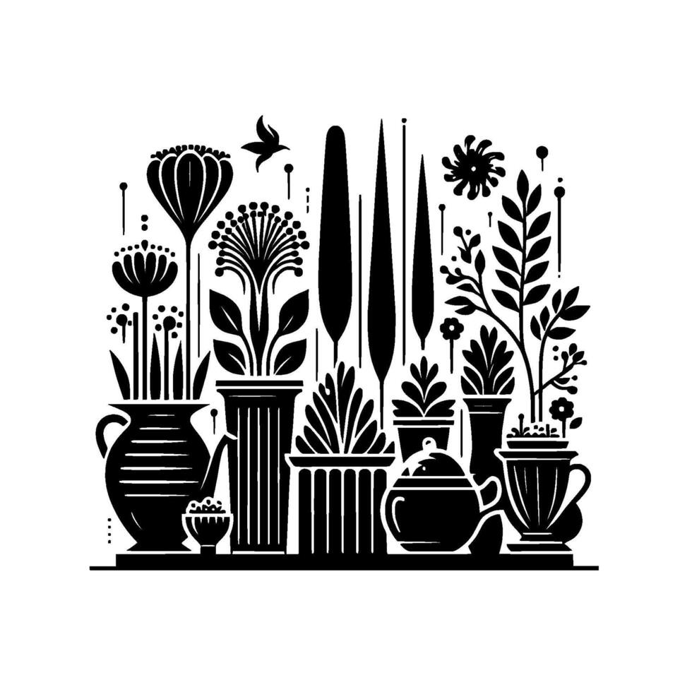 Stylized Monochrome Garden Scene Various Floral Arrangements in Pots, Birds, and Decorative Elements, on a White Backdrop. vector
