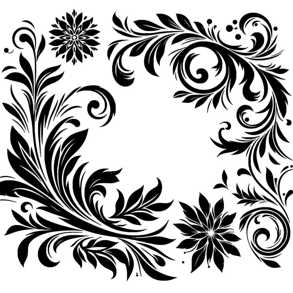 Black and White Floral , Elegant Flourishes with Leafy Branches and Two Ornamental Flowers on a Blank White Background. vector
