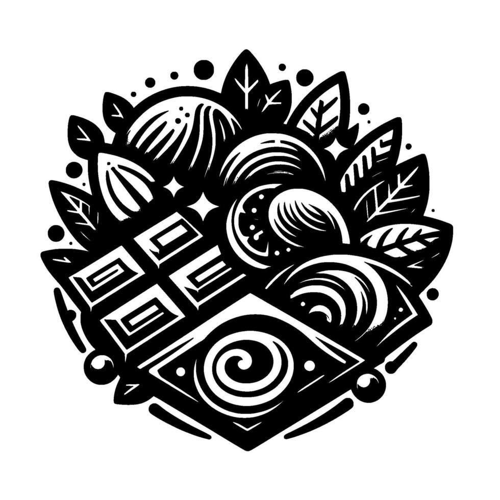 Elegant black and white illustration of chocolate, nuts, and leaves, in a decorative, circular arrangement. vector