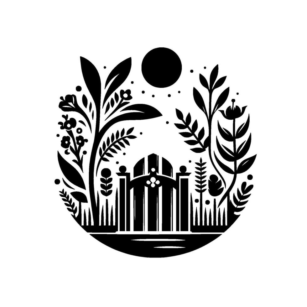 Black and white circular illustration floral gate scene under a dark sun, evoking a tranquil garden ambiance. vector