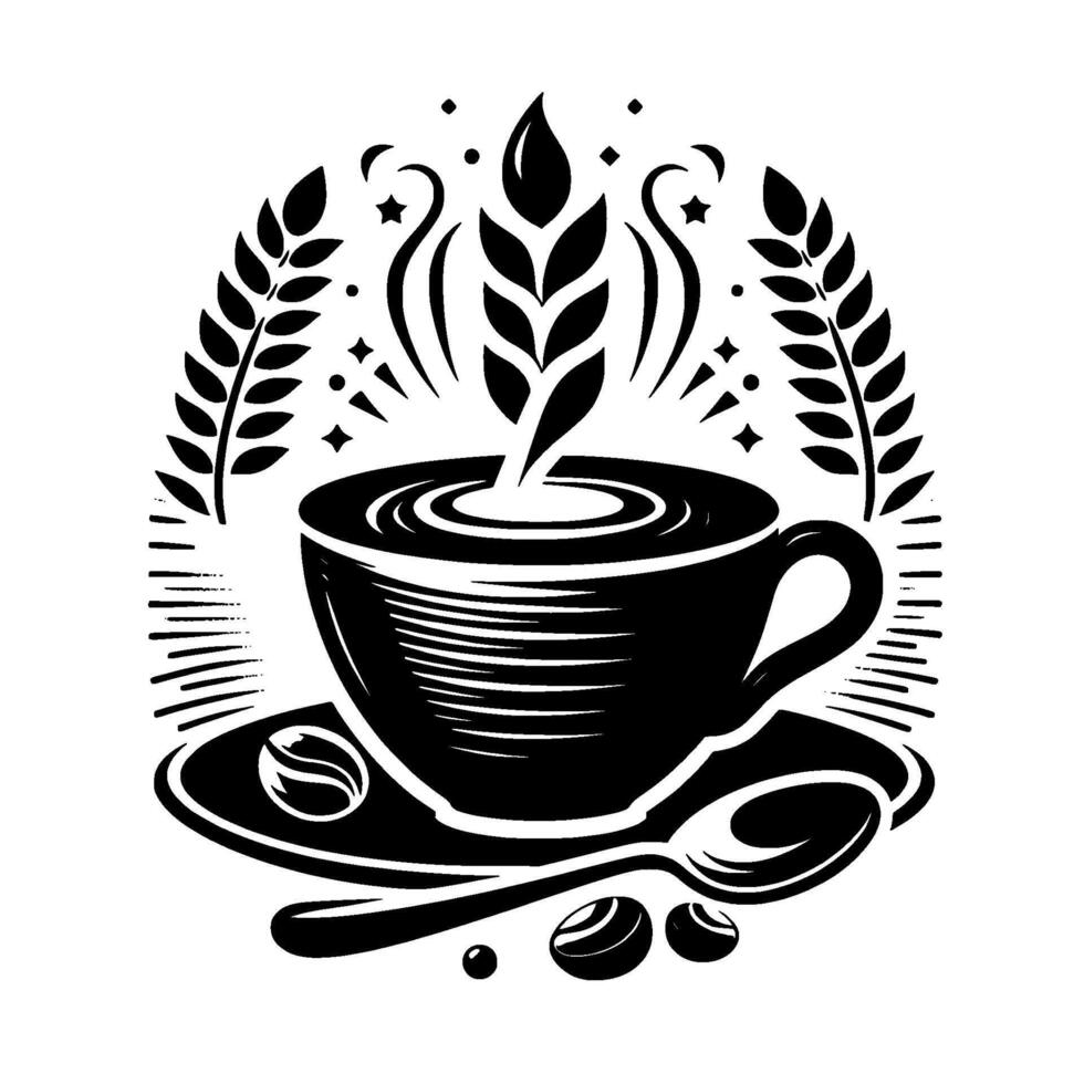 Stylized Black and White Coffee Illustration Cup, Beans, Spoon, and WheatLike Embellishments, Evoking Warmth and Aroma. vector