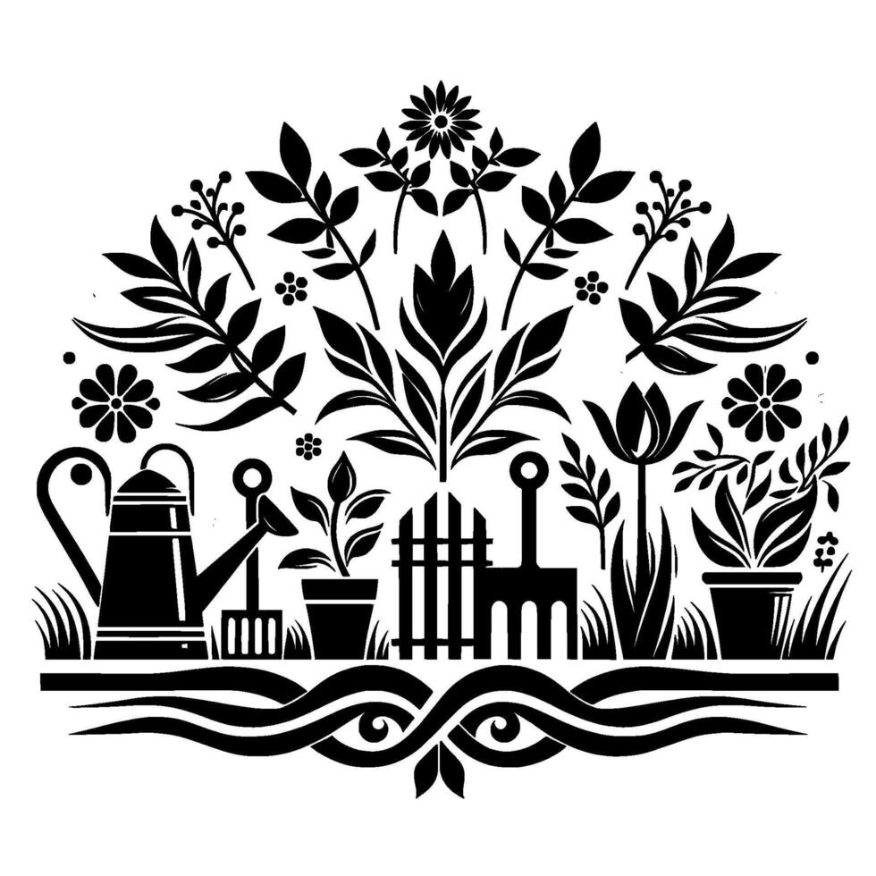 Black and White Garden Illustration with Plants, Tools, and Decorative Flourishes in a Symmetrical Composition. vector