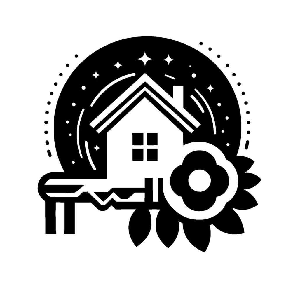 Elegant monochrome house and key , floral accents with celestial embellishments, conveys home ownership, security and tranquility. vector