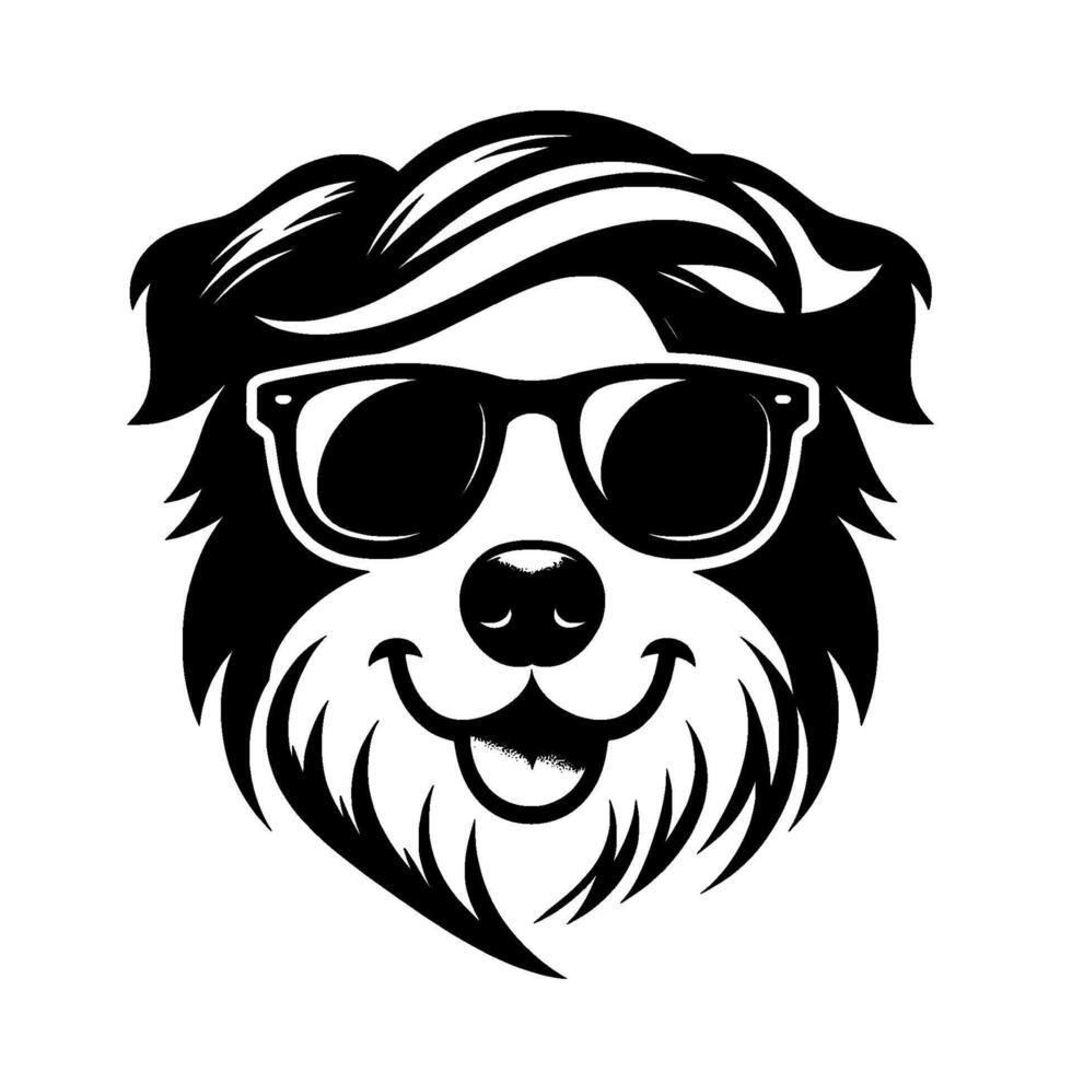 A cool, black and white illustrated dog head with slickedback hair and sunglasses, exuding a playful and trendy vibe, on a plain white background. vector