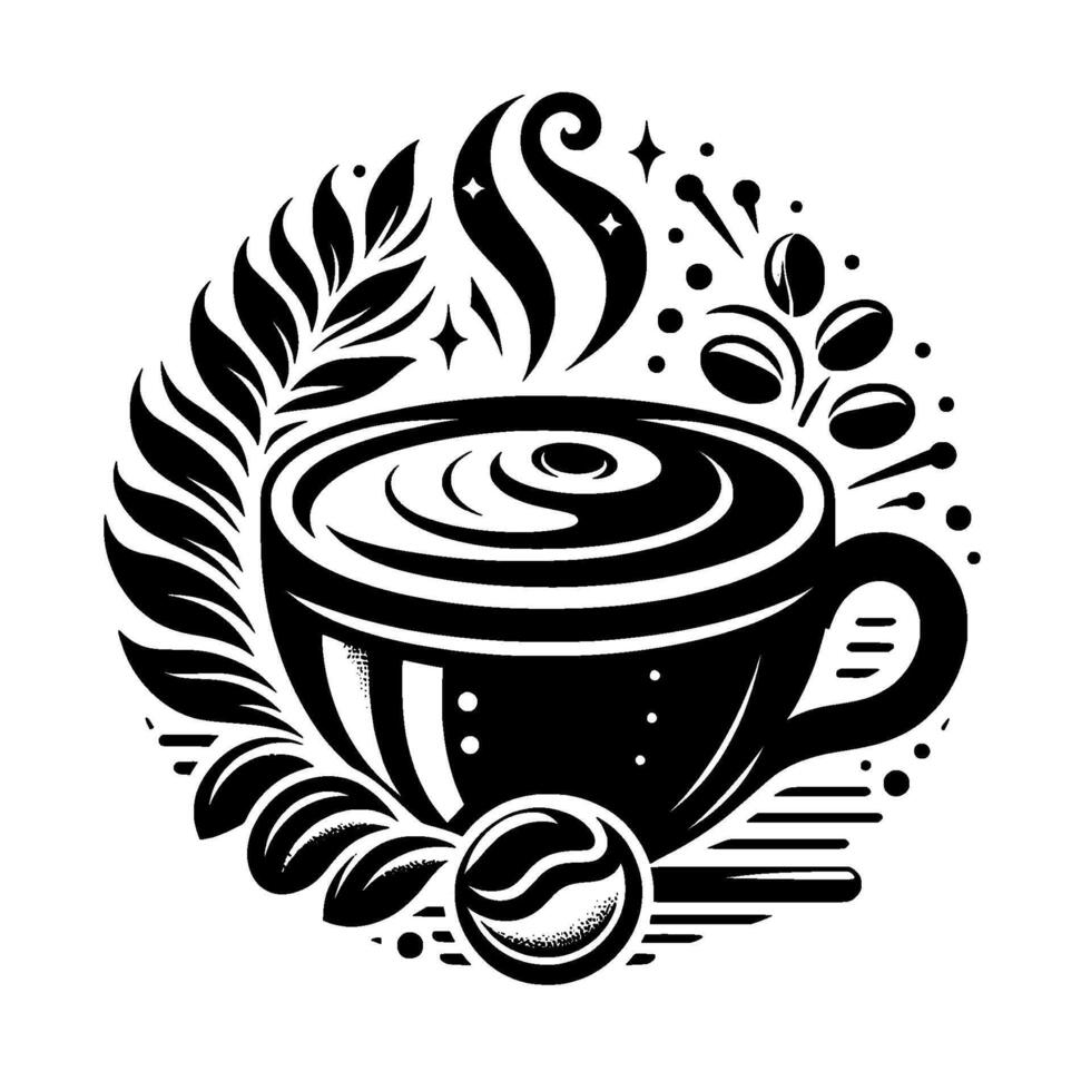Artistic Black and White Coffee Cup surrounded by coffee beans, steam, leaves, and embellishments, creating an emblemlike composition. vector