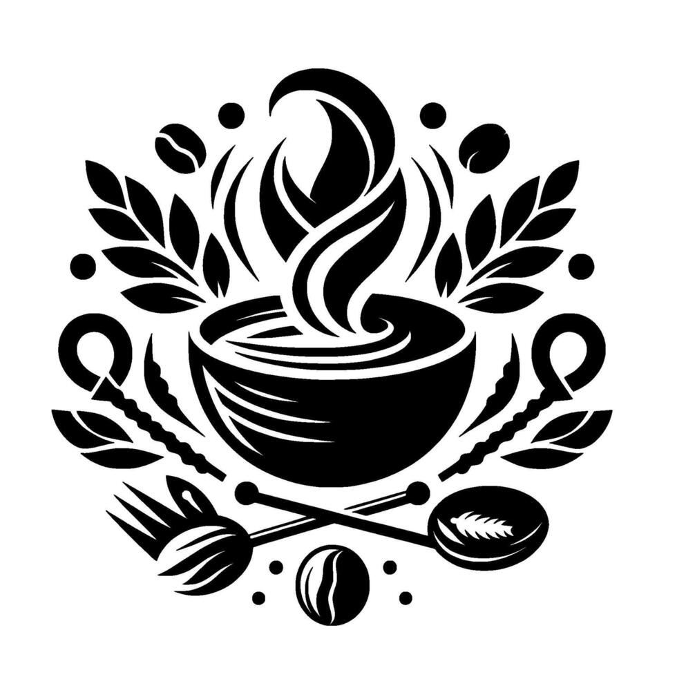 Stylized Black White Coffee with Cup, Steam, Beans, Leaves, Fork, and Spoon, Representing Aroma and Flavor. vector