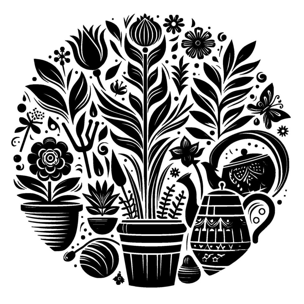 Black and White Circular Illustration of Garden Elements Plants, Teapots, and Butterfly, in a decorative, folkart style. vector