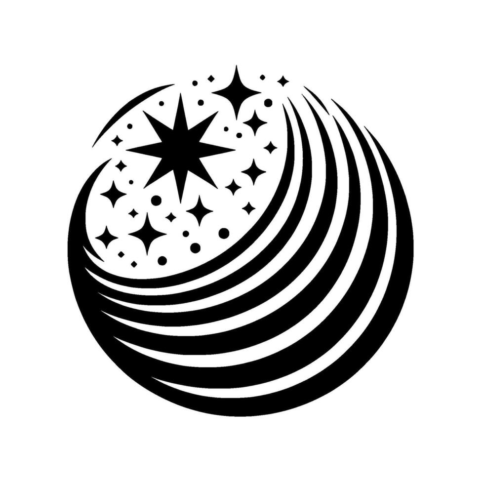 Black and White Cosmic Sphere with Bursting Stars and Swirling Lines, Simple Abstract . vector