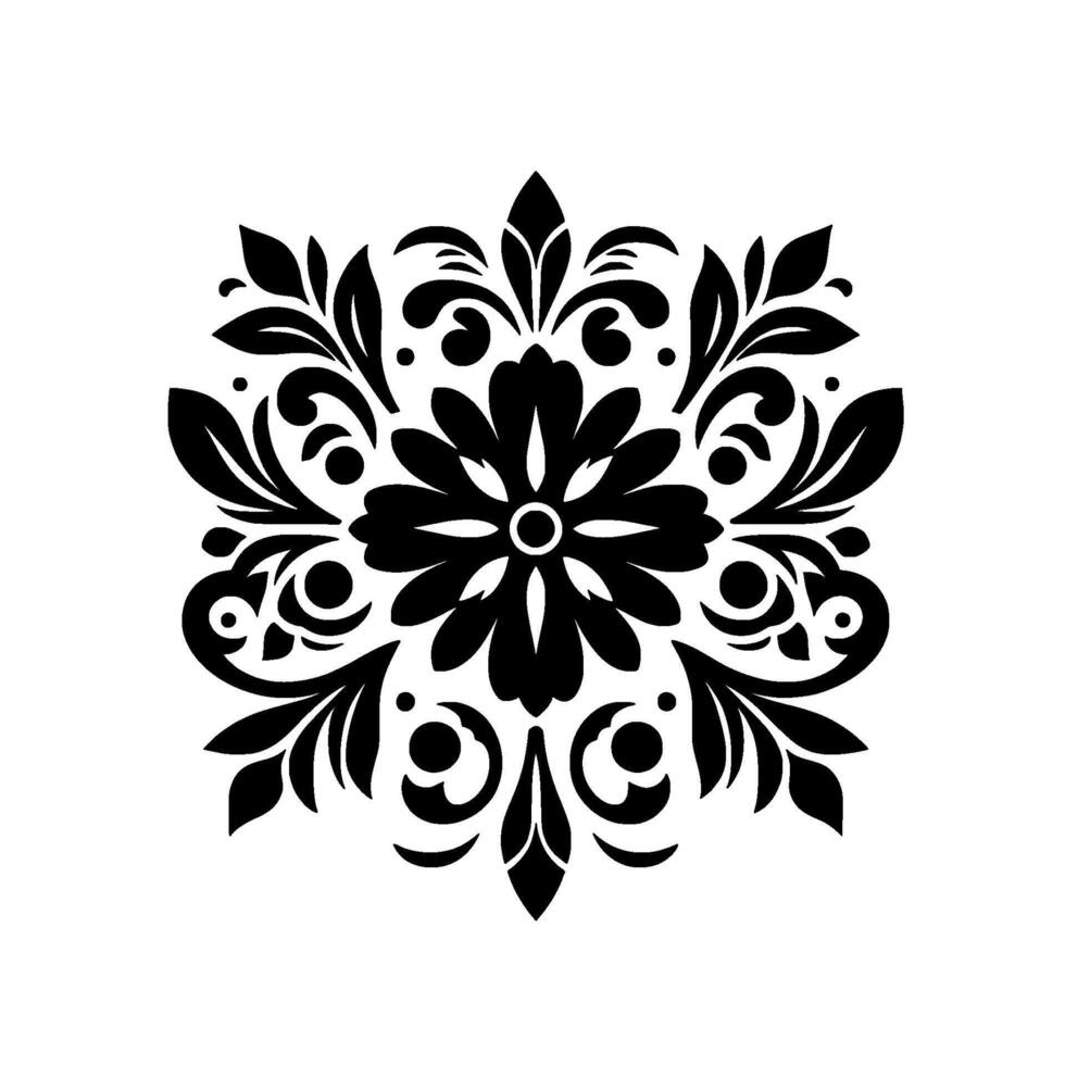Symmetrical Black Floral Ornamental with Intricate Foliage and Geometric Symmetry on White Background. vector