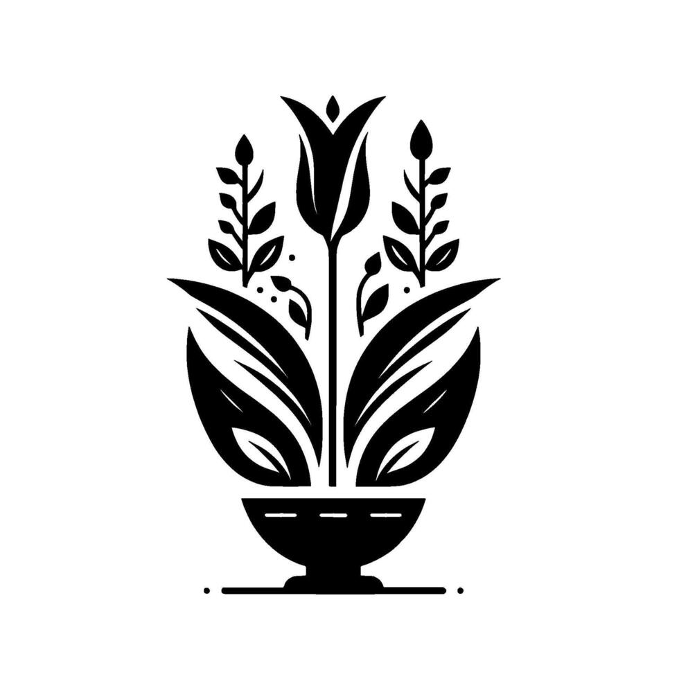 Stylized Black Floral Arrangement in a Pedestal Vase symmetrical with a tuliplike bloom, leafy stems, a minimalist art aesthetic. vector