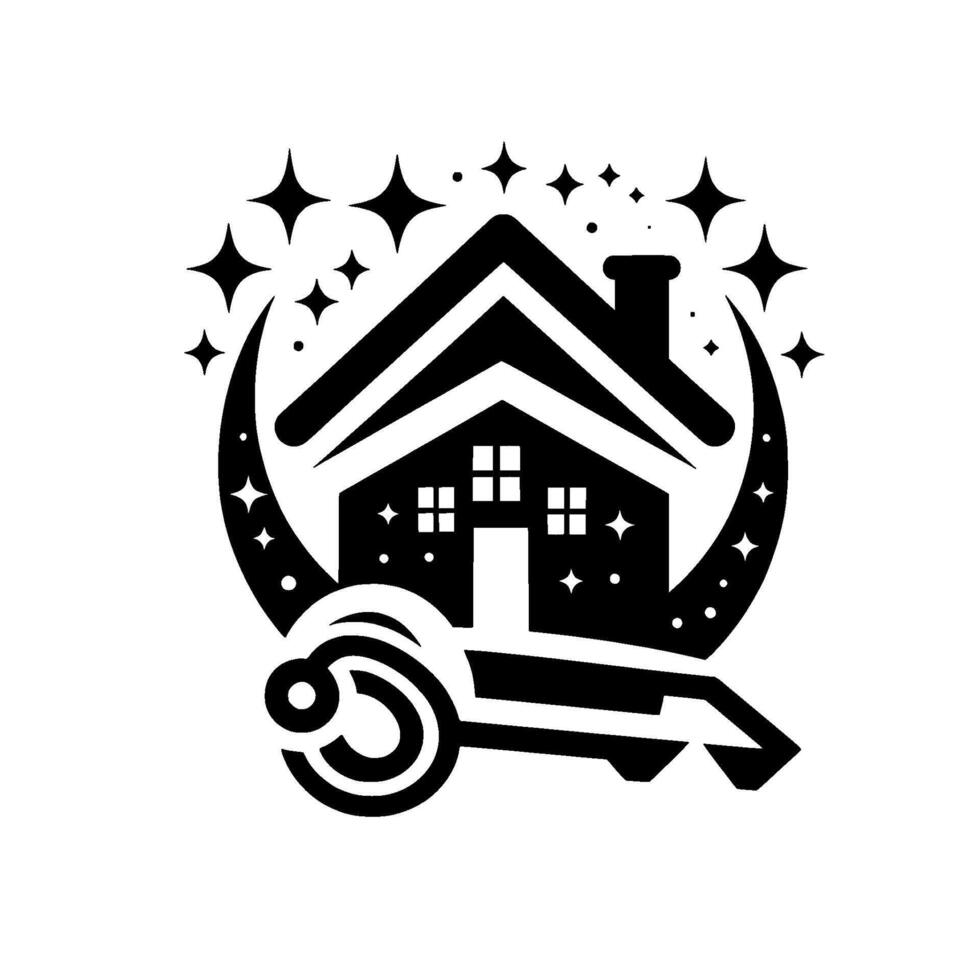 Black White Homeownership Symbol with House, Crescent Moon, Stars, and Key Real Estate Concept. vector