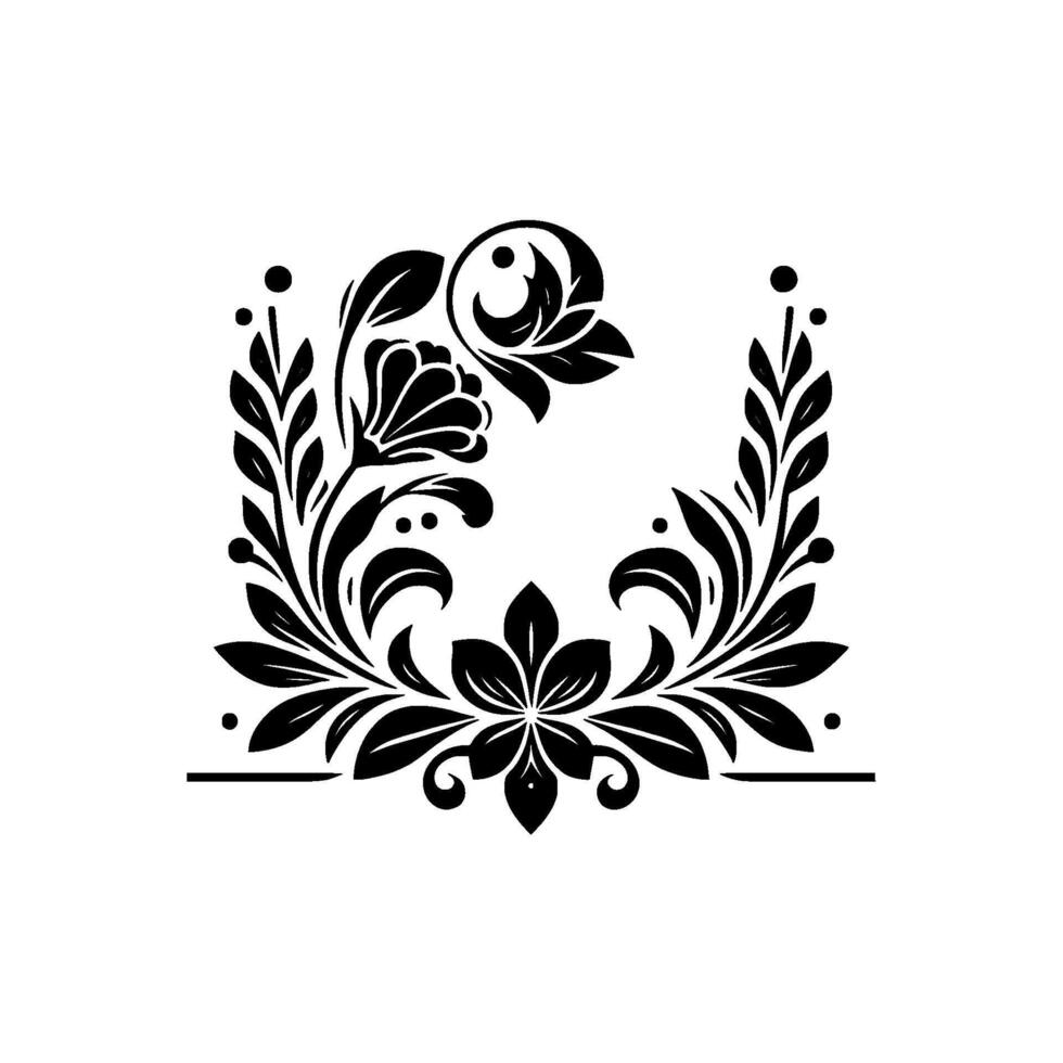 Elegant Black and White Floral Scroll , symmetrical and symmetrical with detailed leaves and flower, ornate borders, a classical symmetrical . vector