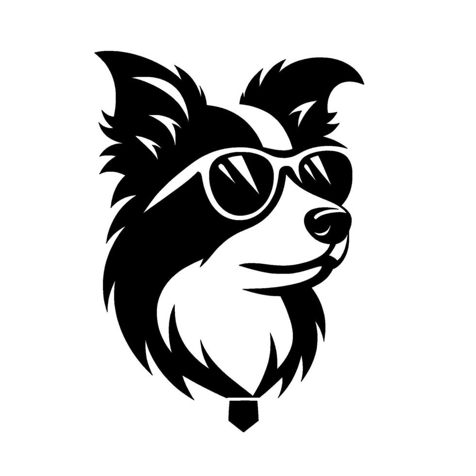 Black and white illustration of a cool border collie dog wearing sunglasses and a tie, exuding confidence and style. vector