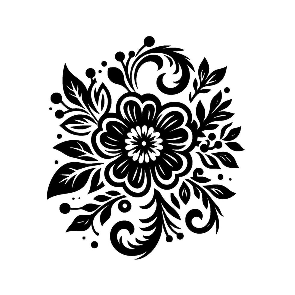 Black and White Illustration of a Stylized Floral Arrangement with Leaves, Berries, and Ornate Swirls on a White Background. vector