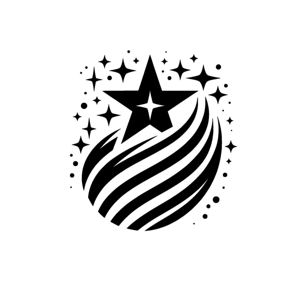 Black and White Starburst featuring a Central Star with a Glowing Center, Accented by Spiraling Strokes and Additional Sparkle Elements. vector