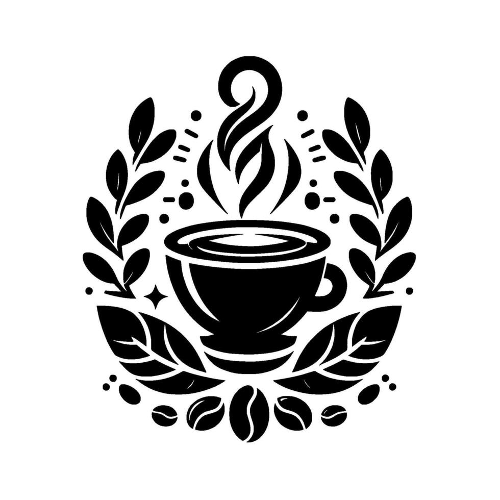 Monochrome Coffee Emblem Steaming Cup Centered in a Laurel Wreath with Coffee Beans and Leaves. vector