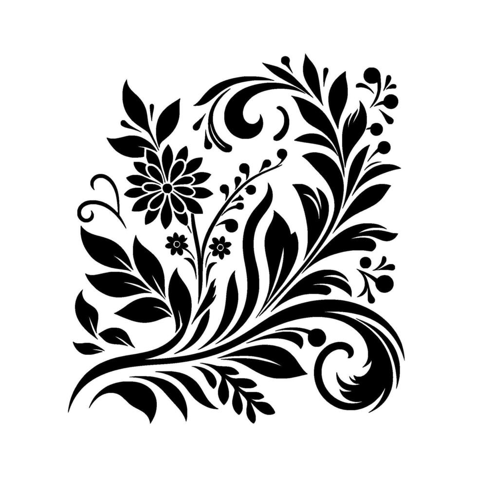 Intricate Black Floral on White A Decorative Motif Featuring Flowers, Leaves, and Ornate Swirls in a Symmetrical Composition. vector
