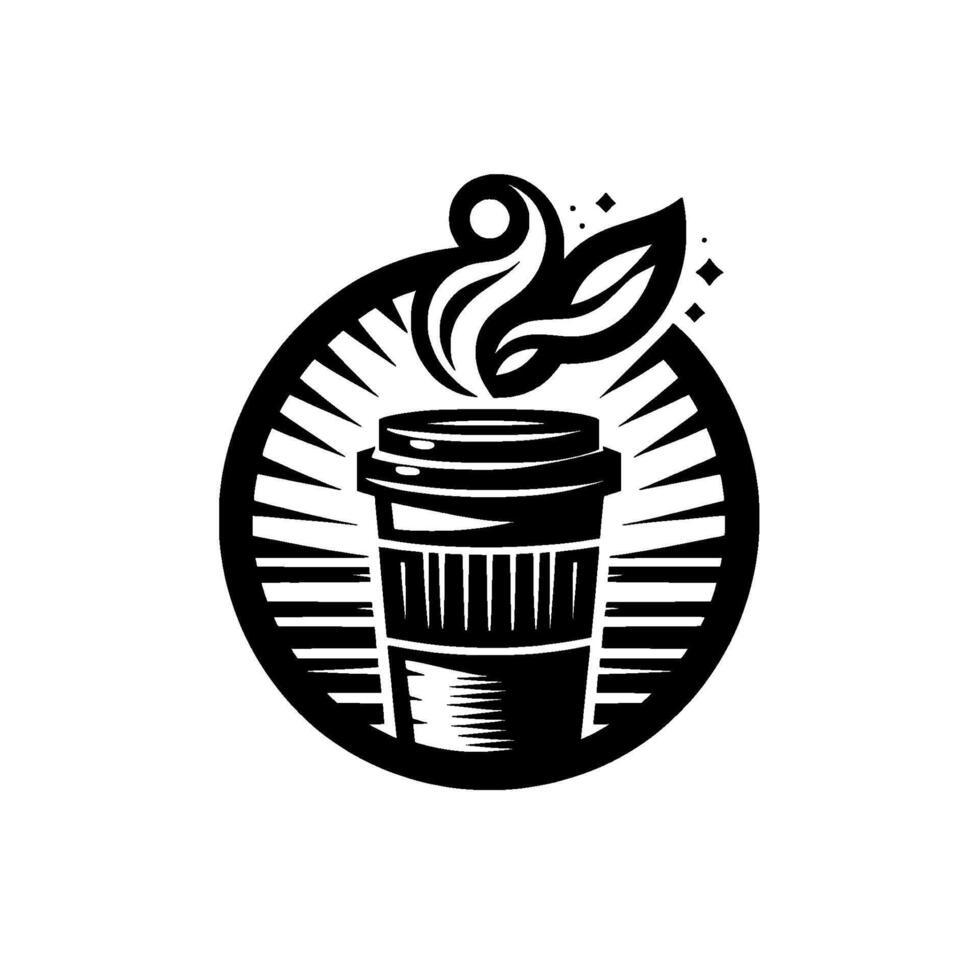 Stylized Black and White Coffee Cup with Steam, Leaf Radial Circle . vector