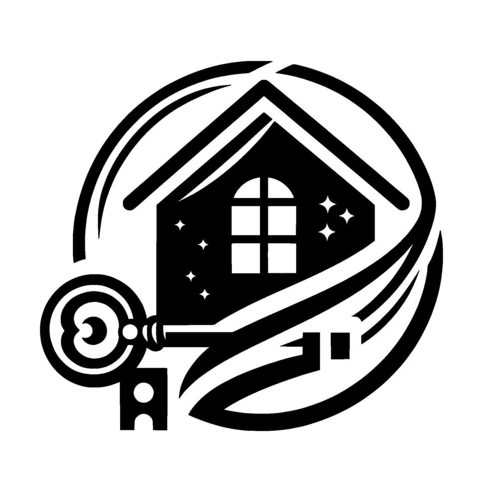 Black and White House Key Silhouette with Stars, Enclosed in a Swirling Circular Frame, Real Estate Concept. vector