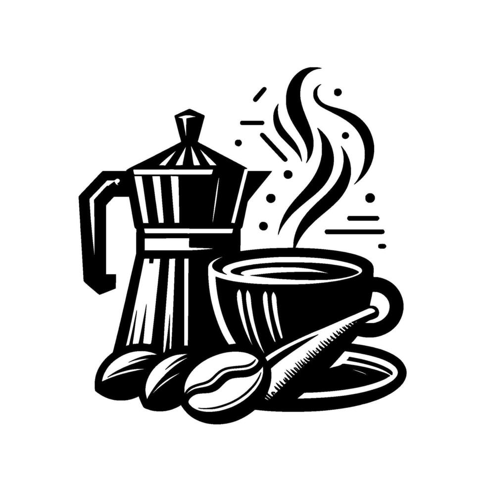 Monochromatic coffee still life moka pot, steaming cup, beans, and minimalist for brewing and enjoyment. vector