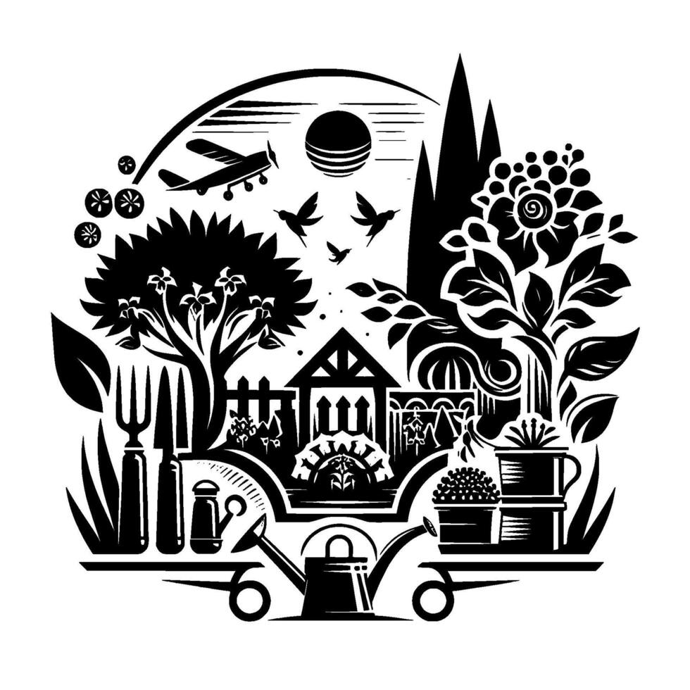 Black and white stylized illustration of a serene garden scene, complete with tools, plants, birds, and an airplane. vector