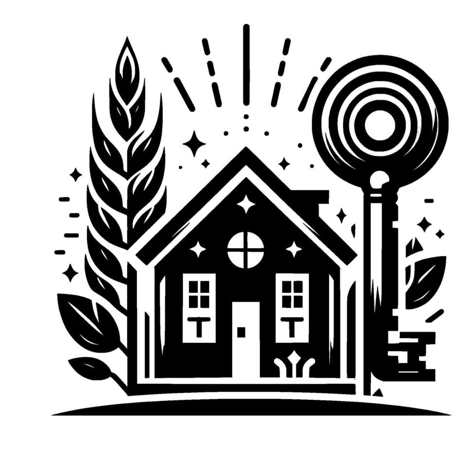 A stylized illustration of a cozy house, a large key, and foliage. vector