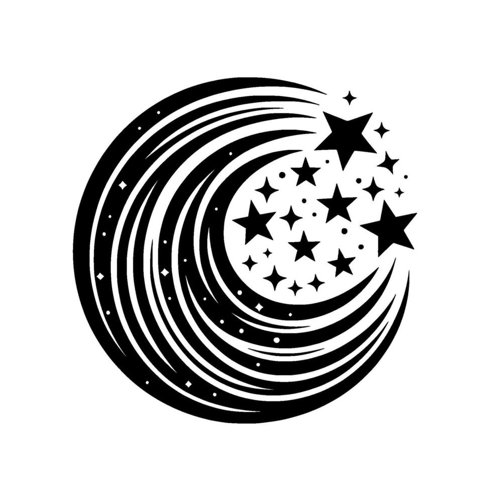 Dynamic Black and White Illustration Celestial Crescent with Exploding Stars, Motion and Energy, White Background. vector