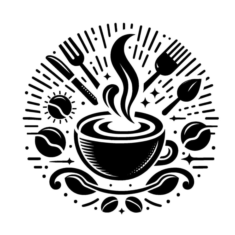 A circular black and white coffeethemed illustration, showcasing a steaming cup, cutlery, and coffee beans, representing a cozy caf. vector