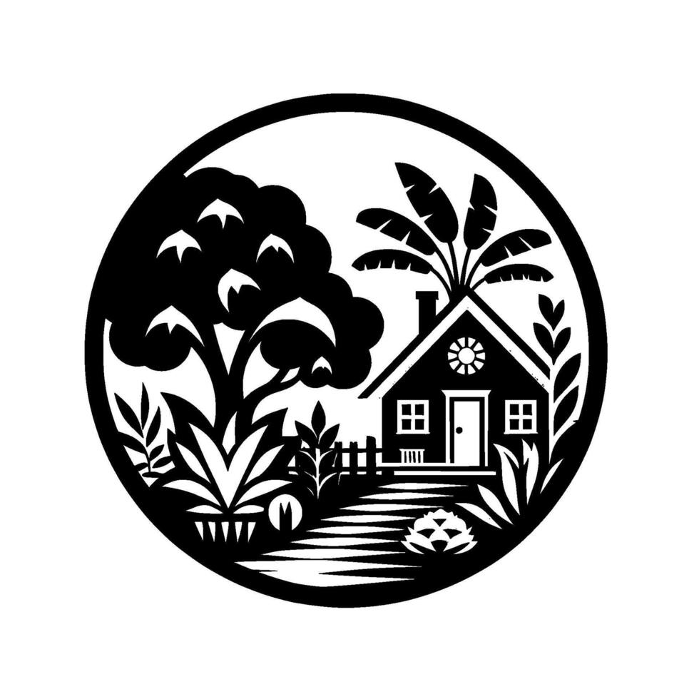 Black and white circular illustration of a charming home nestled amidst lush foliage, trees, and a winding path, evoking tranquility. vector